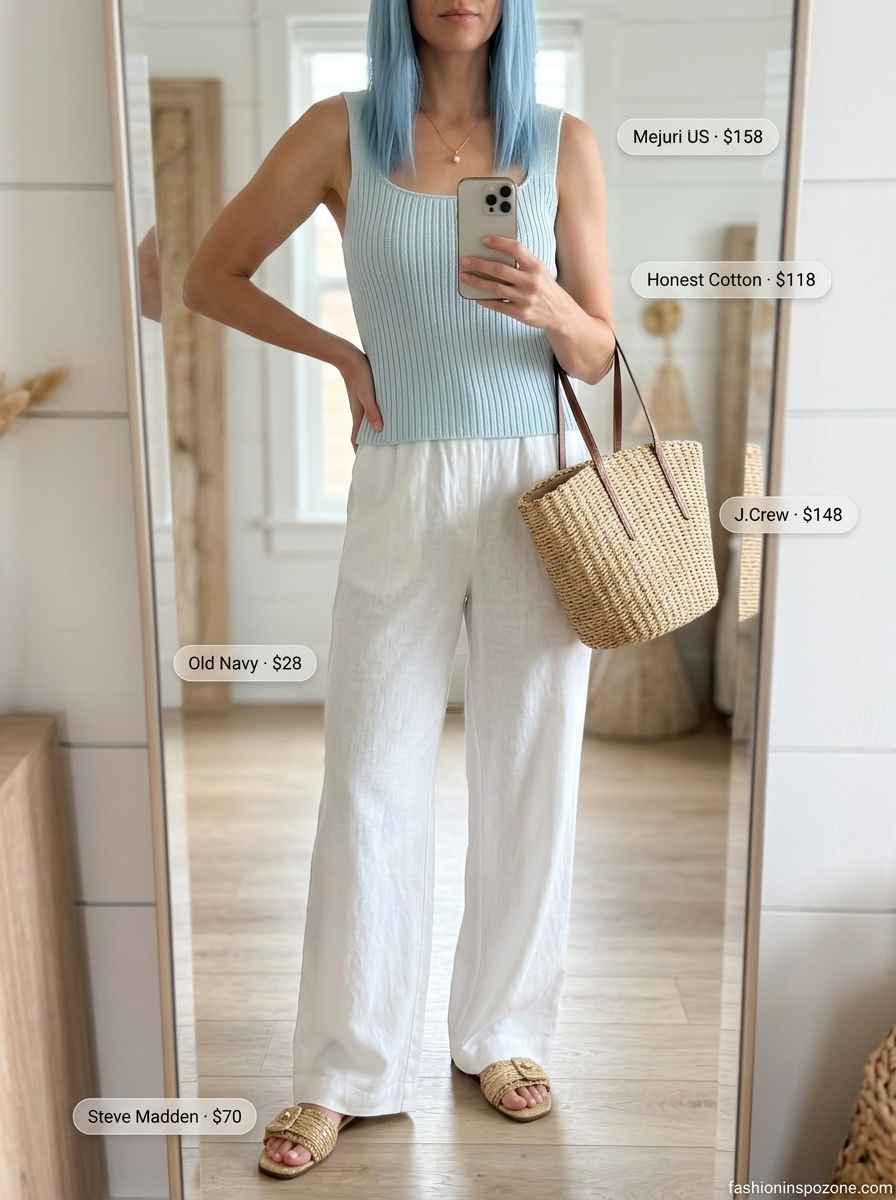 Coastal Breeze Brunch: Linen Pants Outfits 2026 Breathable hot summer outfits for women 2026: White linen pants, sky blue knit top, and raffia sandals for a relaxed beach brunch.
