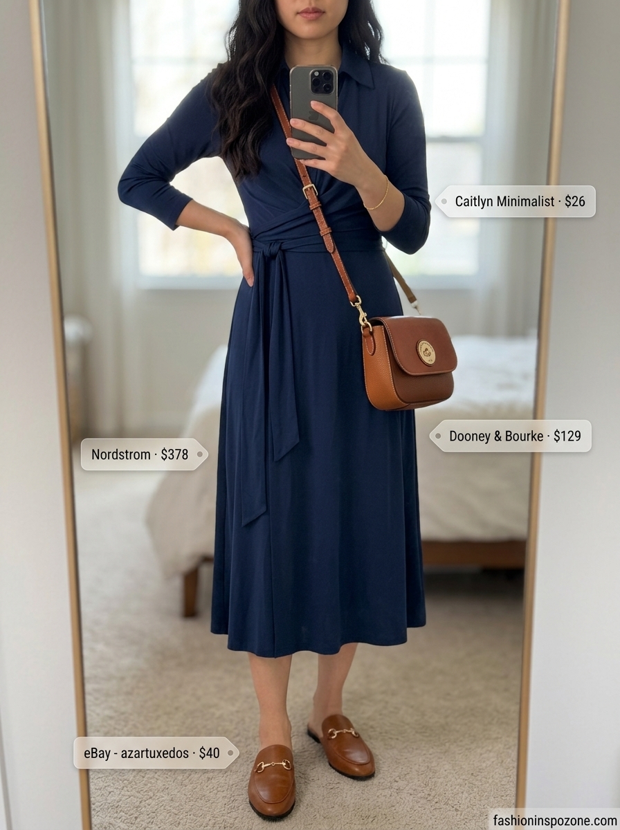 Breathable Hot Summer Outfits 2026: Polished Work Dress Breathable hot summer outfits for women 2026: Navy midi shirt dress, cognac loafers, leather bag for casual work.