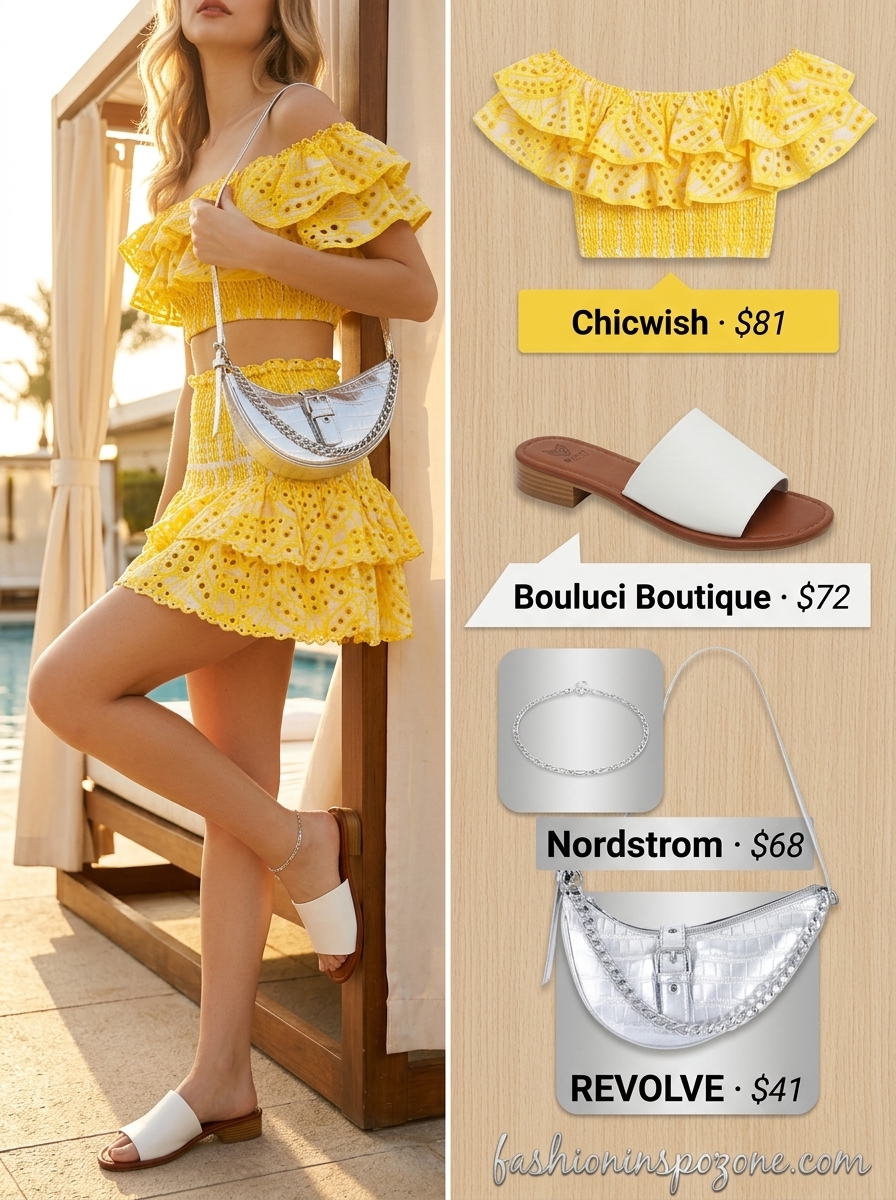 Poolside Aperitivo: Summer Matching Sets 2026 Breathable hot summer outfits for women 2026: Lemon yellow eyelet matching set, white slides, and silver bag for a playful pool look.