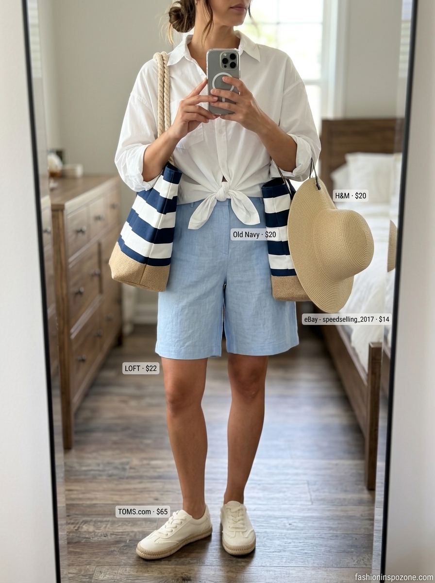 Sky blue linen shorts and white oversized shirt for breathable modest summer outfits for women 2026.