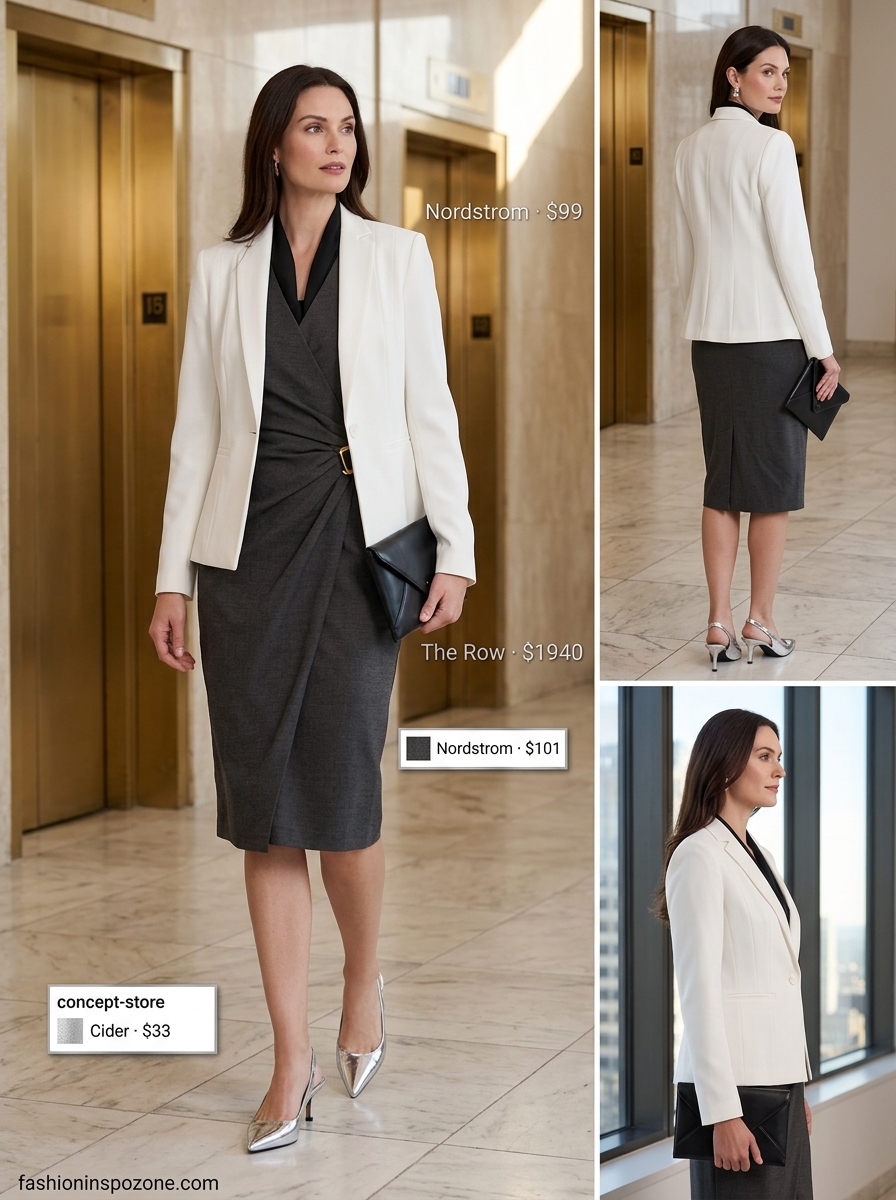 Charcoal grey sheath dress with white blazer, perfect for breathable summer work outfits for women 2026.