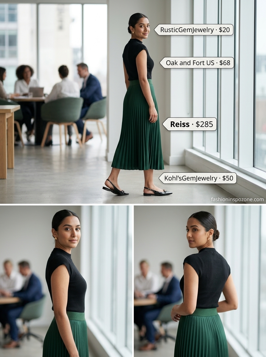 Emerald green satin midi skirt with black mock neck top, a modern look for breathable summer work outfits for women 2026.