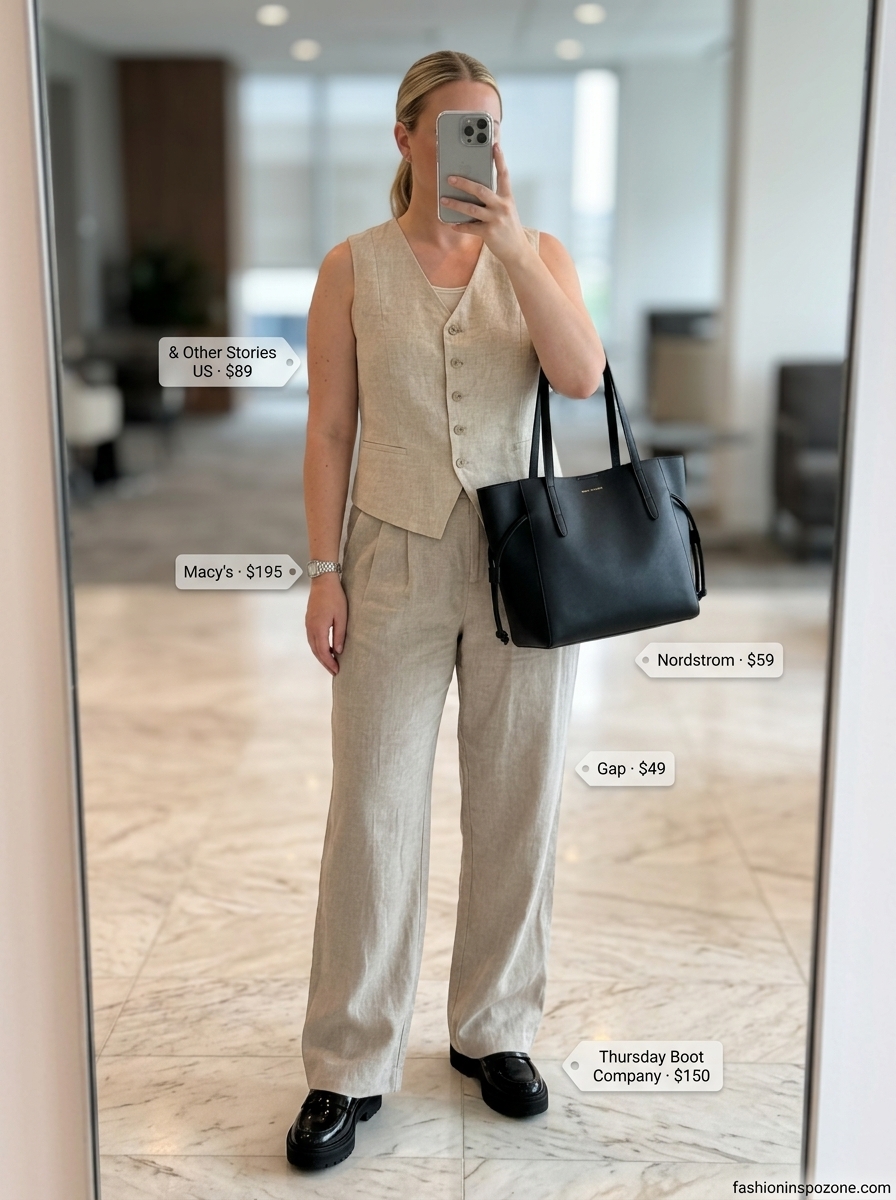 Greige linen vest and trousers with black loafers, a minimalist choice for breathable summer work outfits for women 2026.