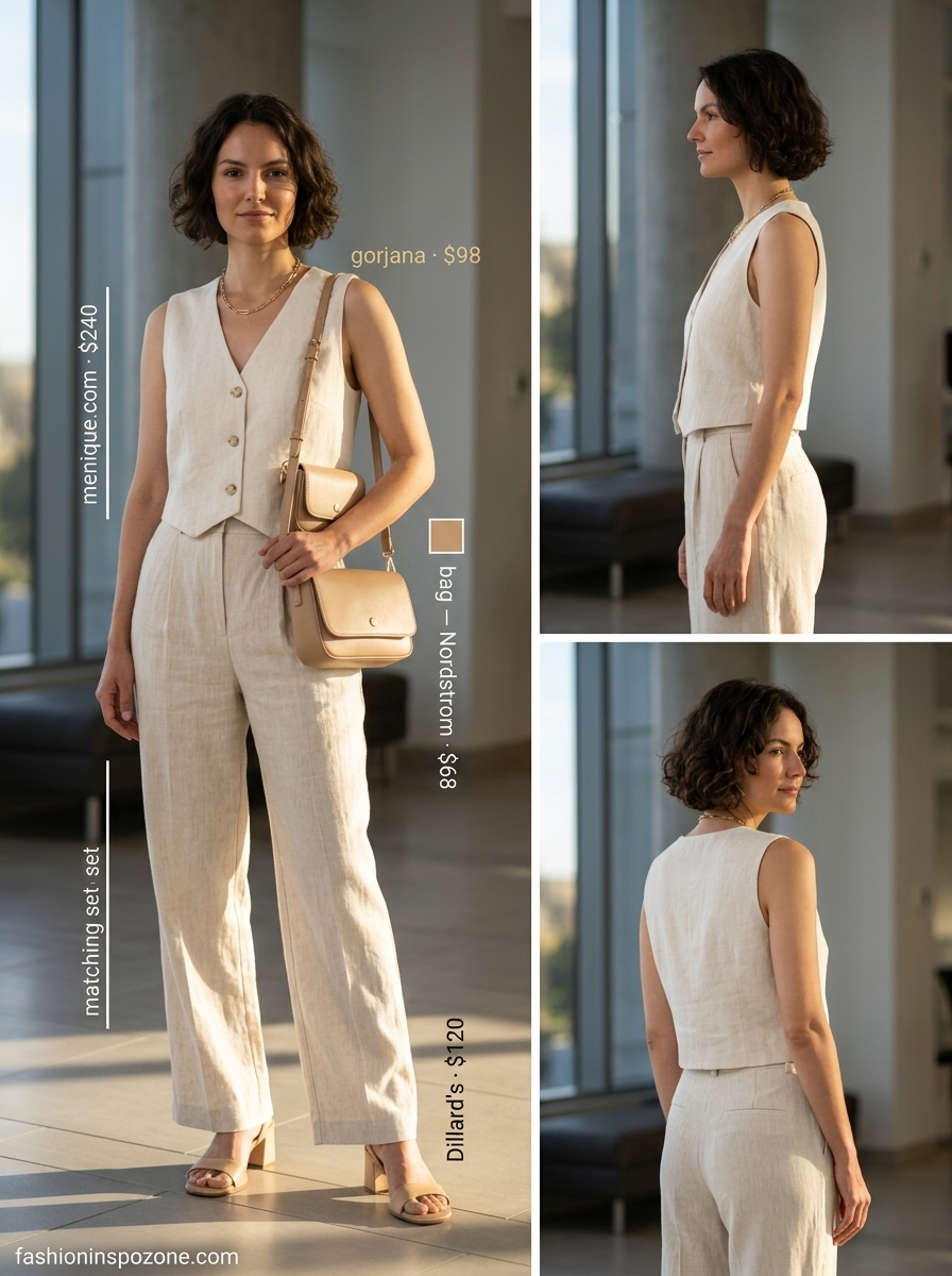 Ivory linen vest and trousers set with tan sandals, perfect for breathable summer work outfits for women 2026.