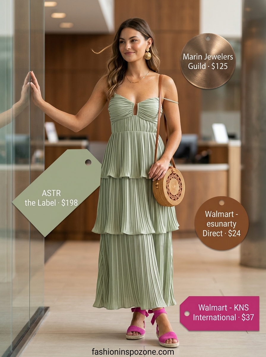 Sage green maxi dress for breathable summer work outfits for women 2026. Features rattan bag and jute espadrilles.