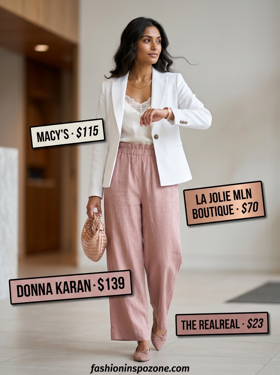Blush pink trousers for breathable summer work outfits for women 2026. Paired with ivory camisole and rose gold bag.