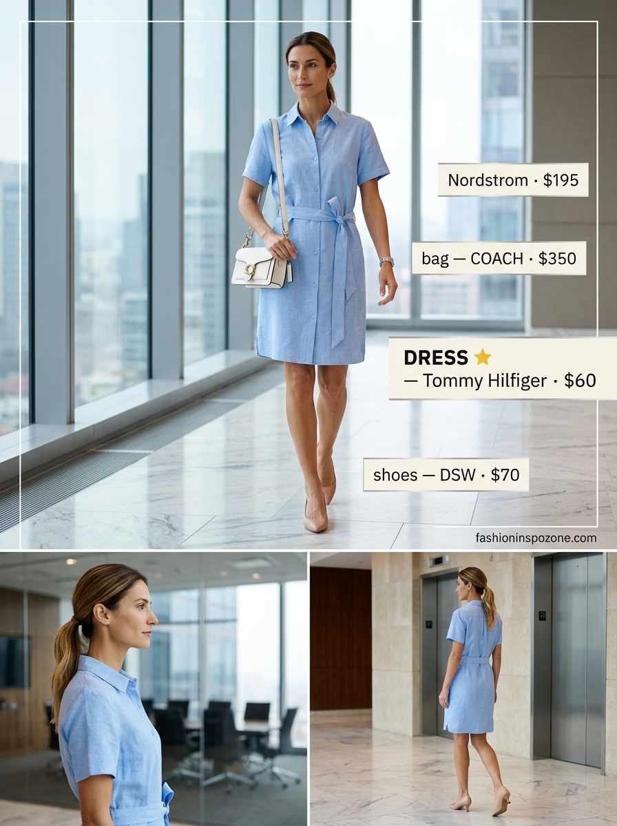 Sky blue linen midi shirt dress with cream heels, a graceful option for breathable summer work outfits for women 2026.