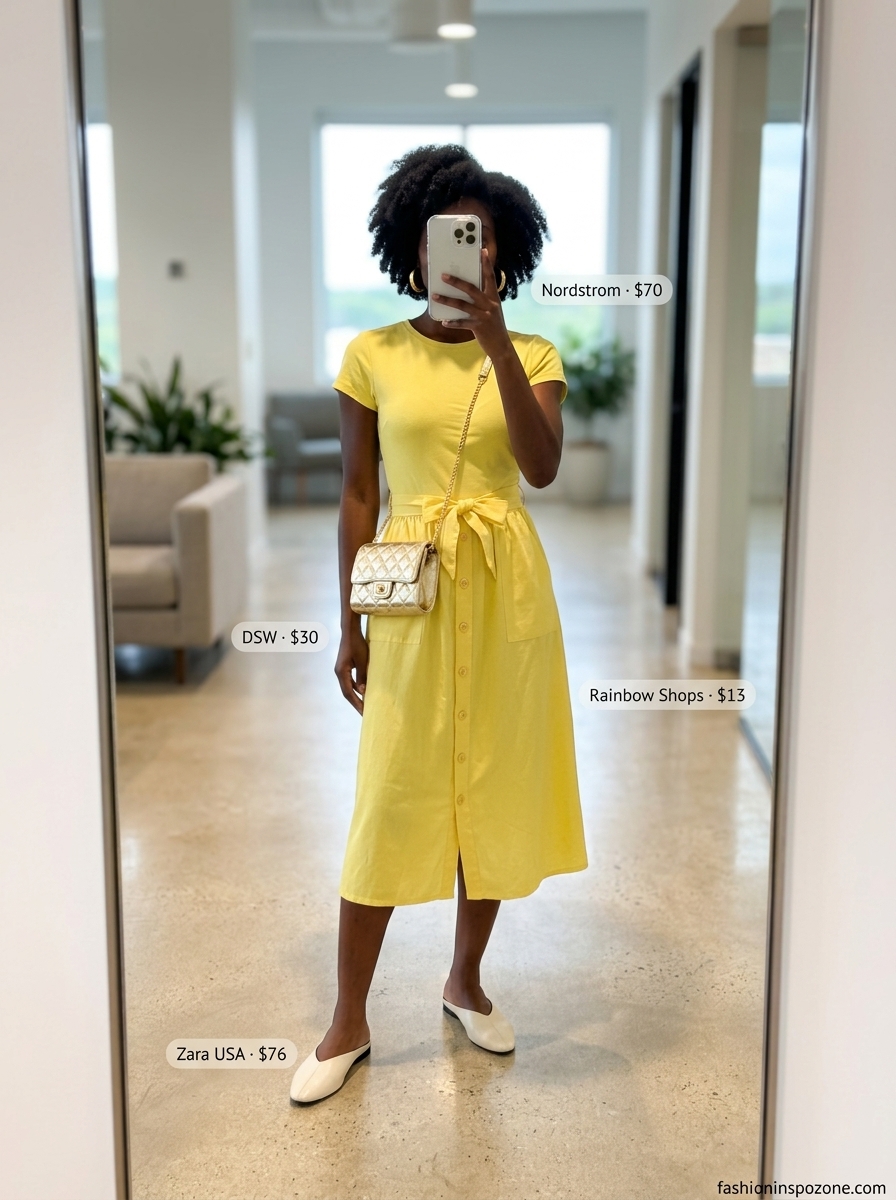 Lemon yellow shirtdress with cream flats, a vibrant choice for breathable summer work outfits for women 2026.