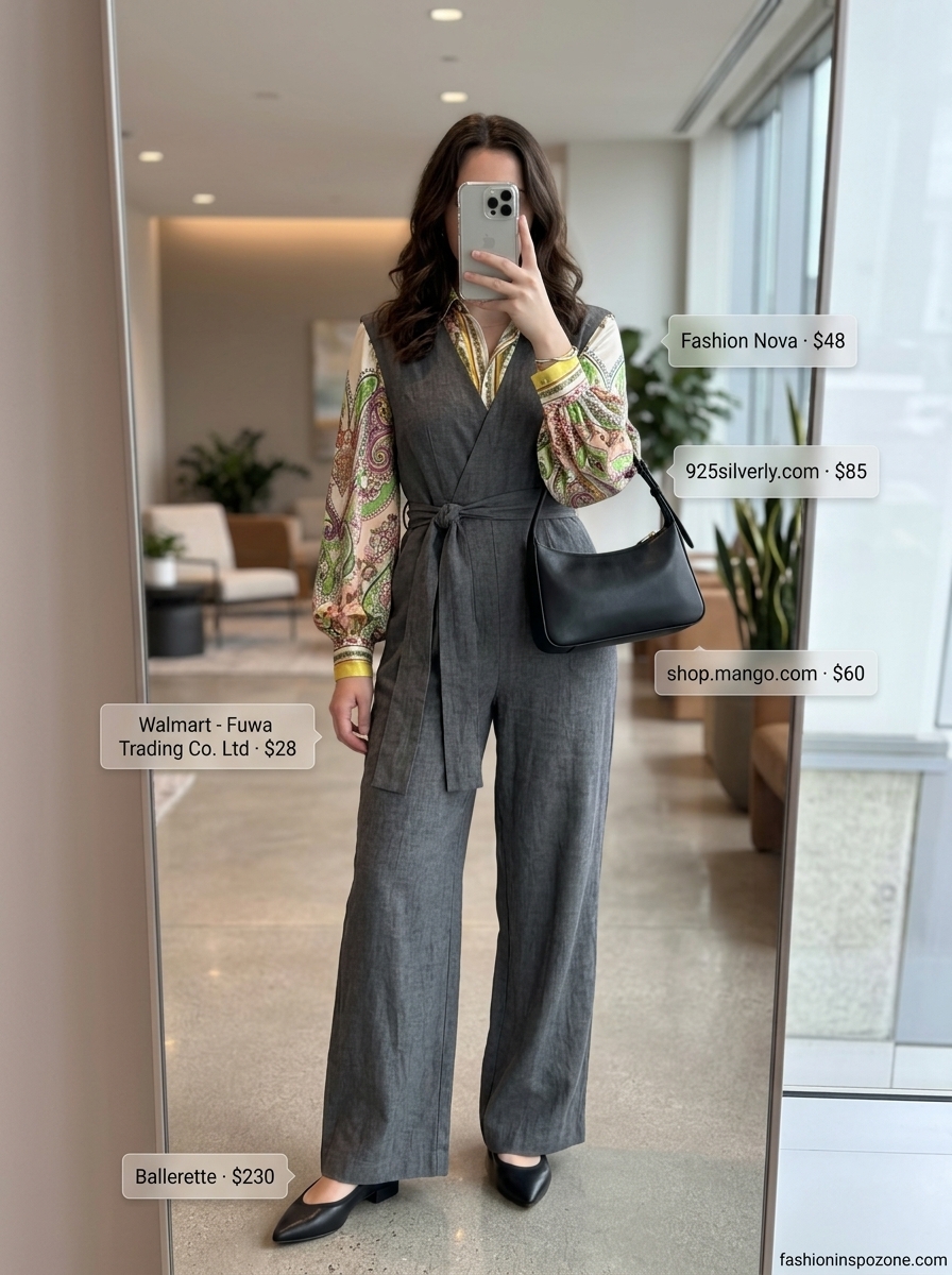 Breathable summer work outfits for women 2026: Charcoal jumpsuit, black flats, silver accents for effortless office style.