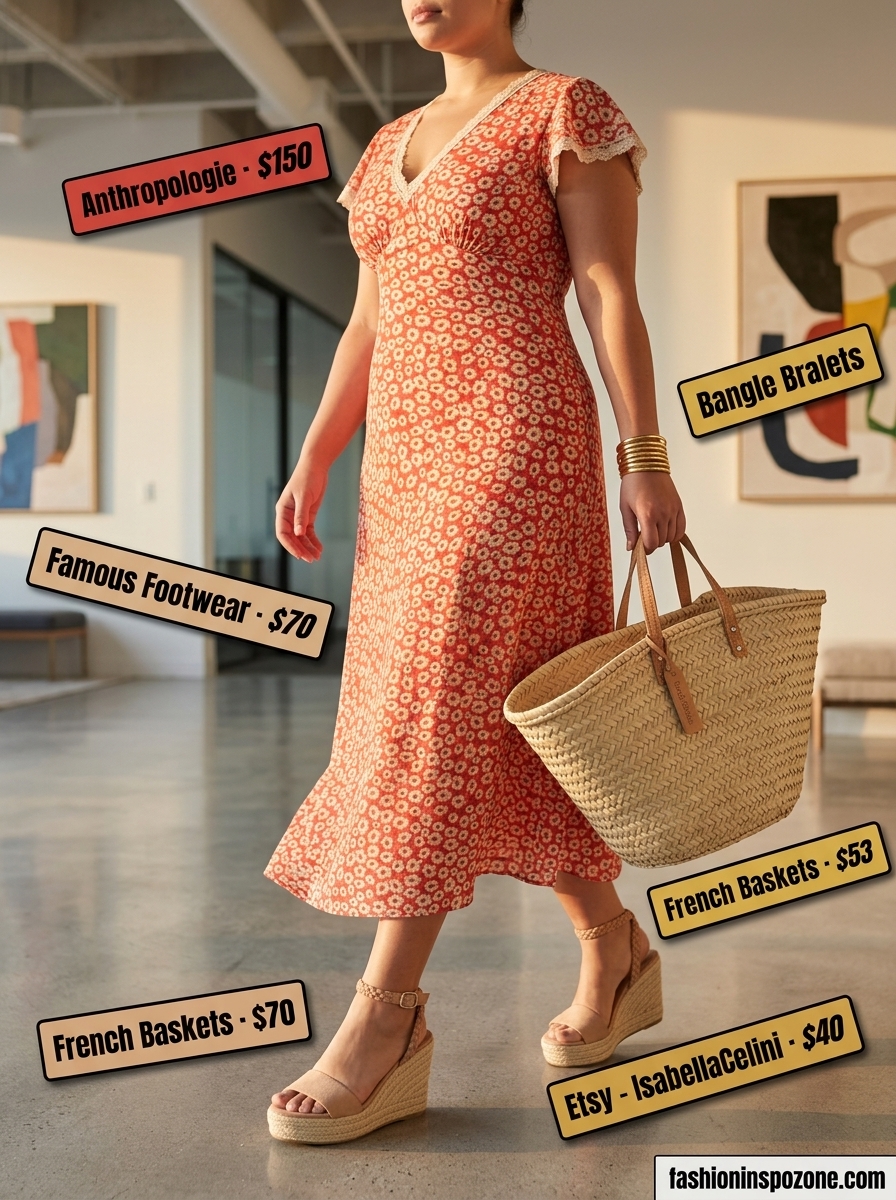 Breathable summer work outfits for women 2026: Coral dress, nude espadrilles, straw bag for vibrant office style.