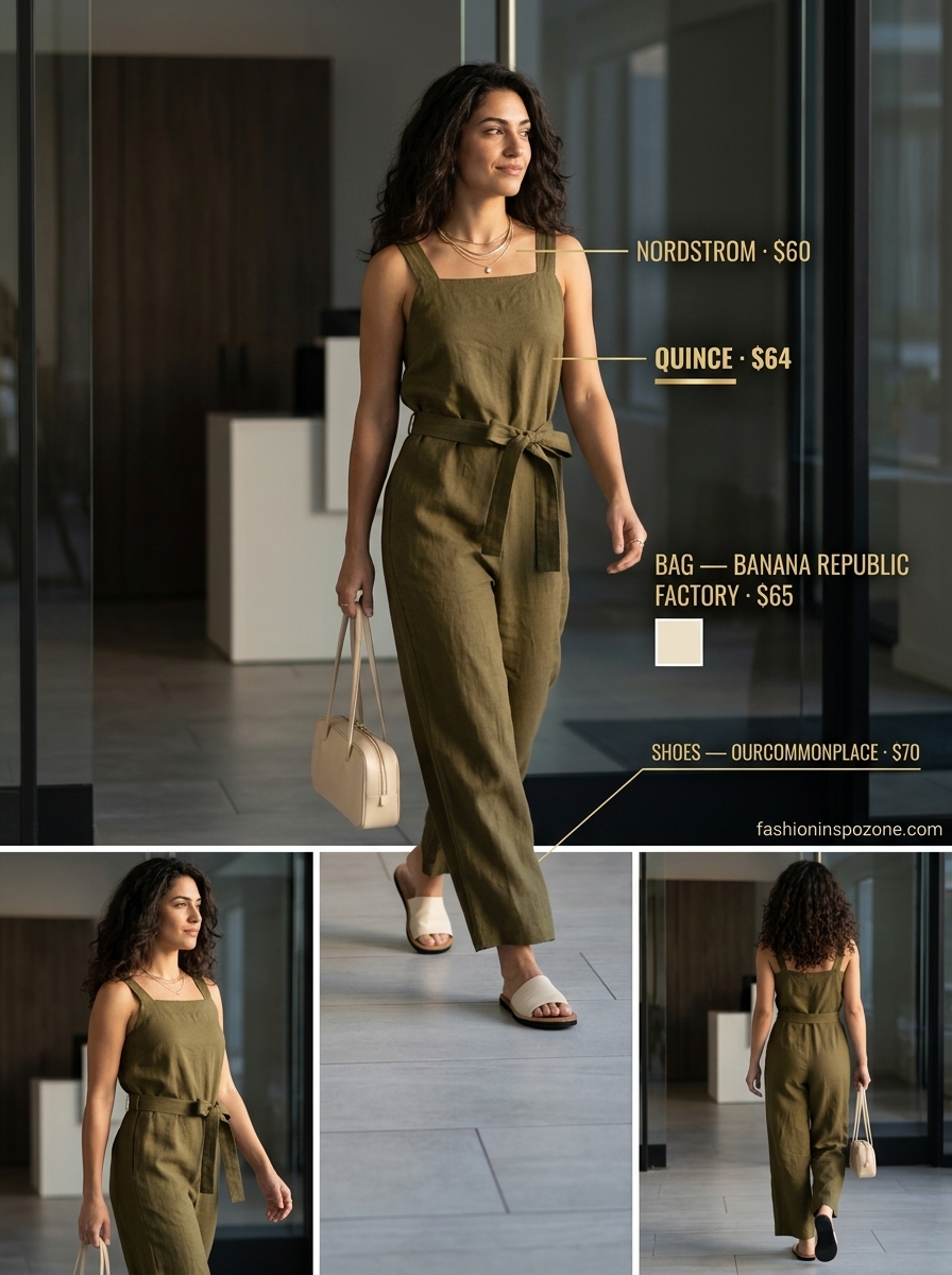 Breathable summer work outfits for women 2026: Khaki jumpsuit, cream sandals, gold necklaces for confident work style.