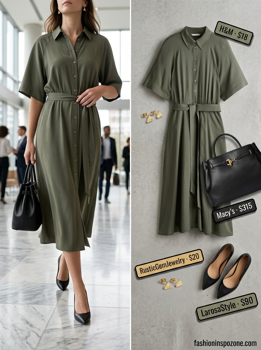 Breathable summer work outfits for women 2026: Olive shirtdress, black pumps, gold accents for modern professional look.