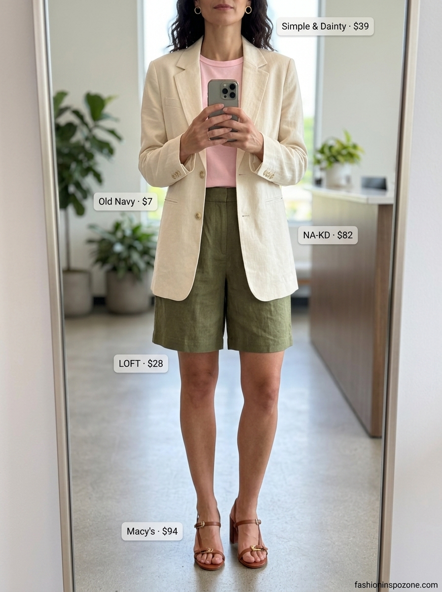 Breathable summer work outfits for women 2026: Olive shorts, beige blazer, white knit top for relaxed office chic.