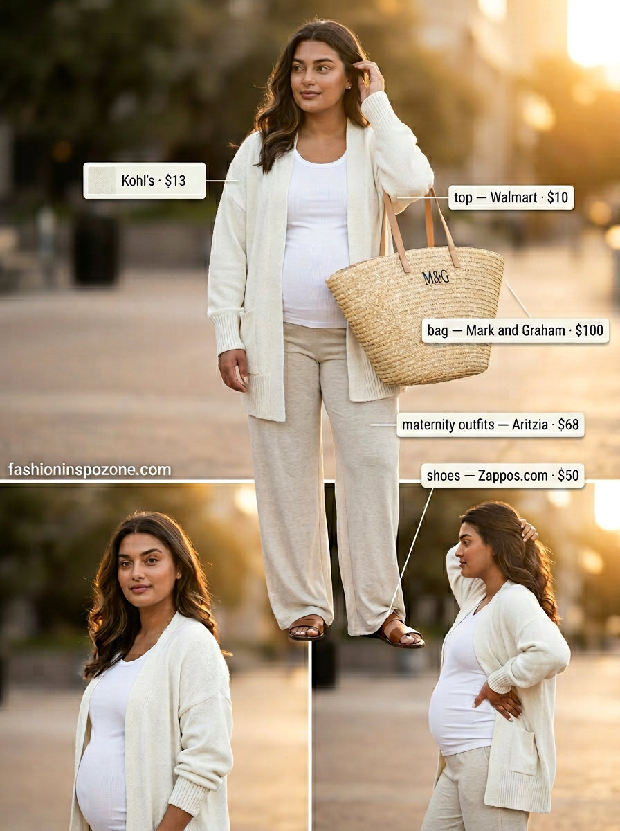 Comfortable beige maternity wide-leg pants for bump friendly summer outfits 2026. Perfect for travel or lounging.