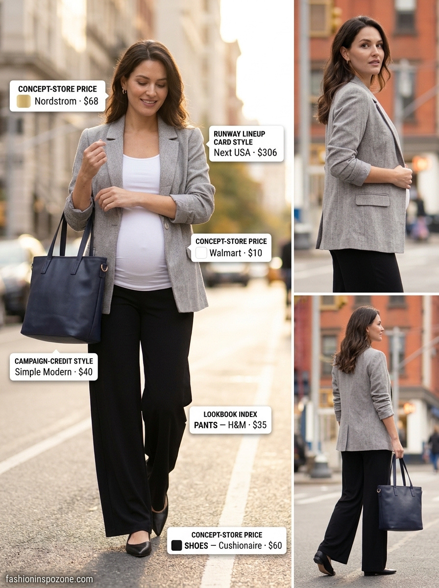Bump friendly maternity summer outfits 2026: Grey blazer, wide-leg pants, white tee, and flats for city chic.
