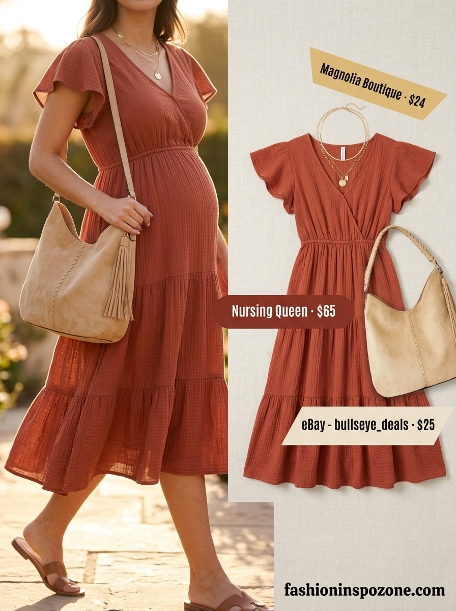 Bump friendly maternity summer outfits 2026: Terracotta embroidered midi dress, suede boots, and fringe saddle bag for boho chic.
