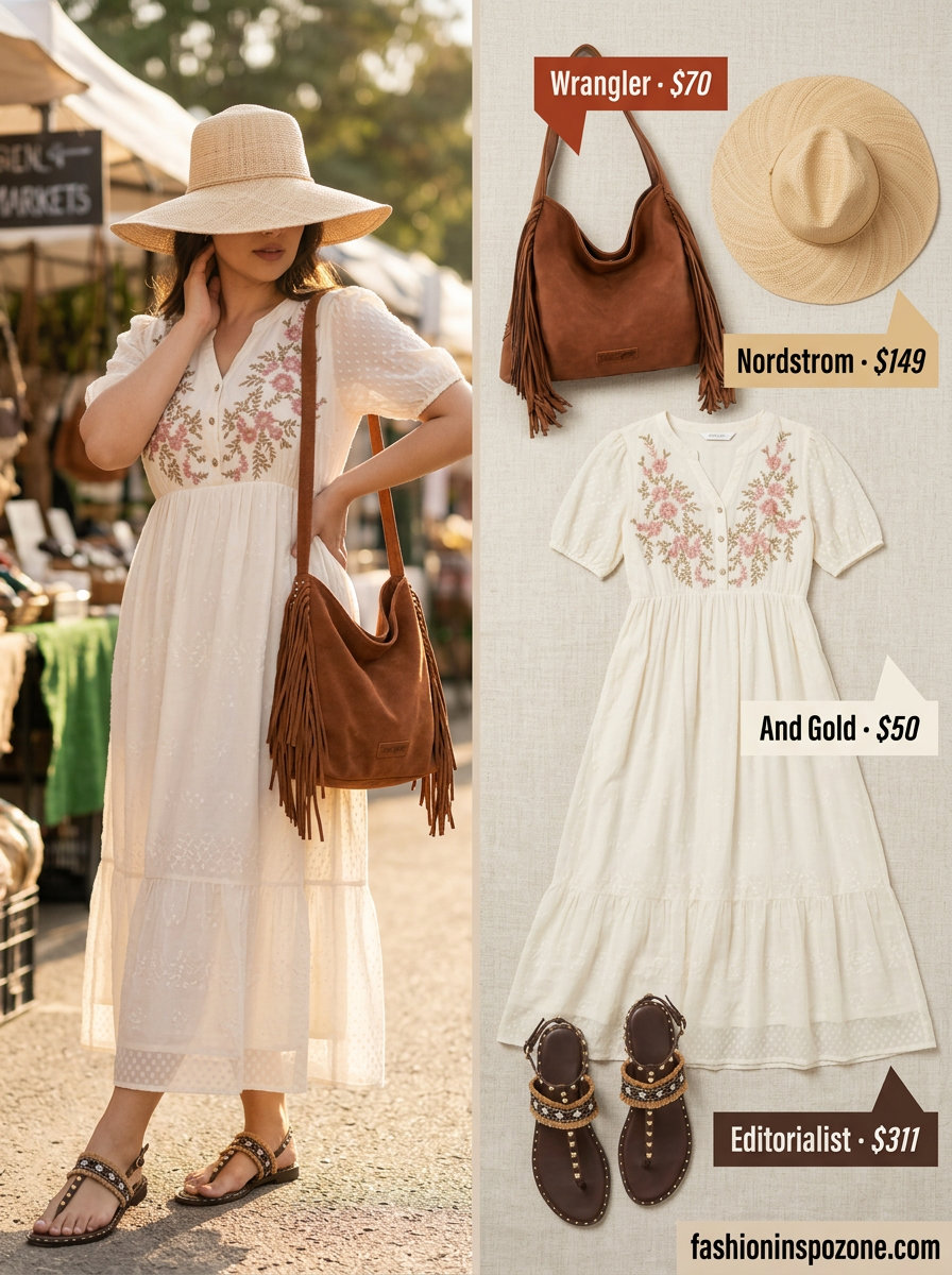 Bump friendly maternity summer outfits 2026: Cream boho maxi dress for markets.