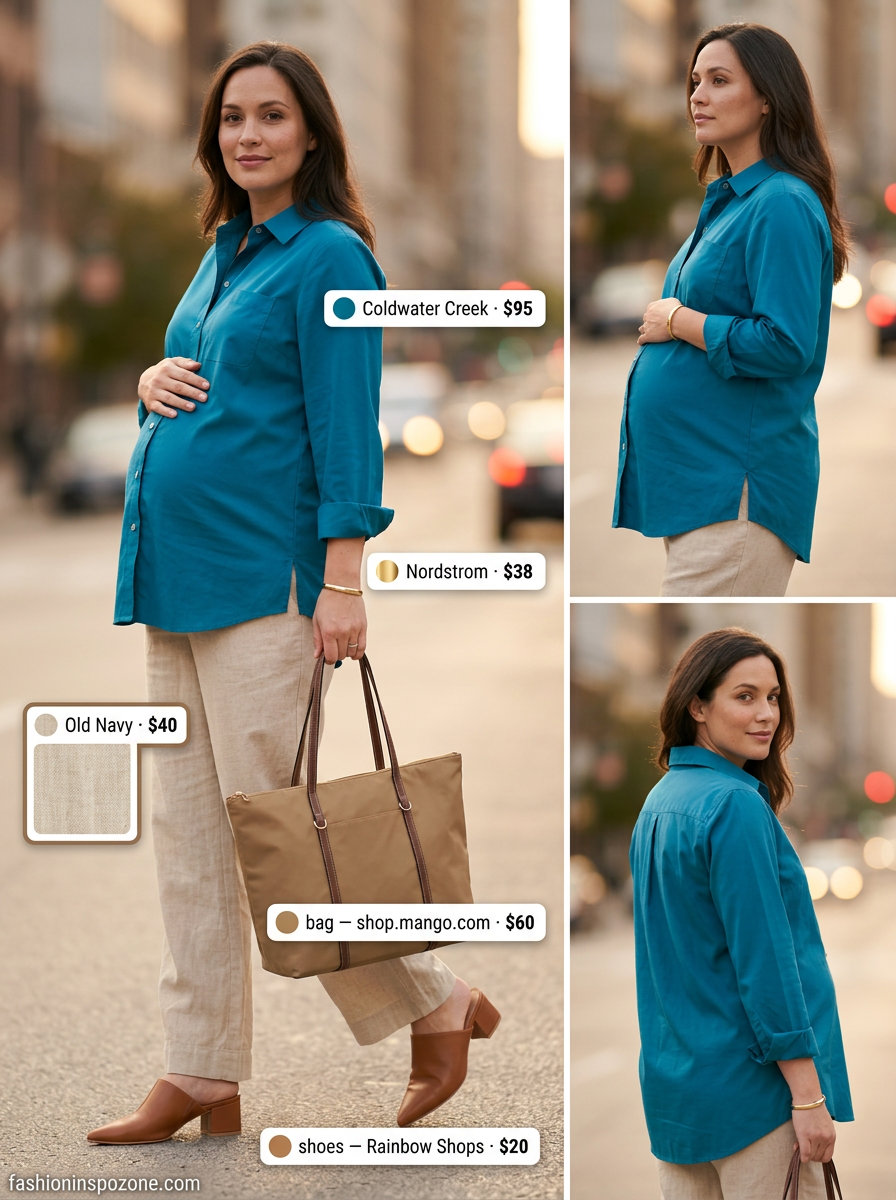 Bump friendly maternity summer outfits 2026: Cream wide-leg pants & navy shirt for work.