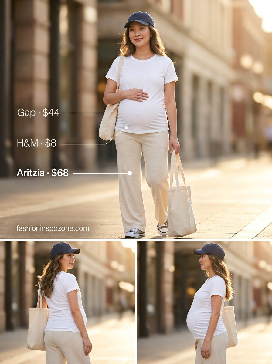 Bump friendly maternity summer outfits 2026: Denim shorts & white tee for casual outings.