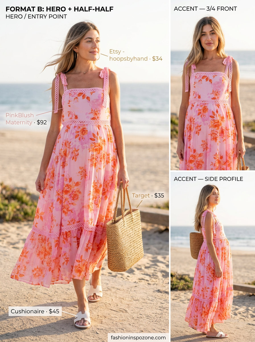 Blush floral maternity maxi dress for relaxed bump friendly summer outfits 2026. Perfect for beach trips or brunch.