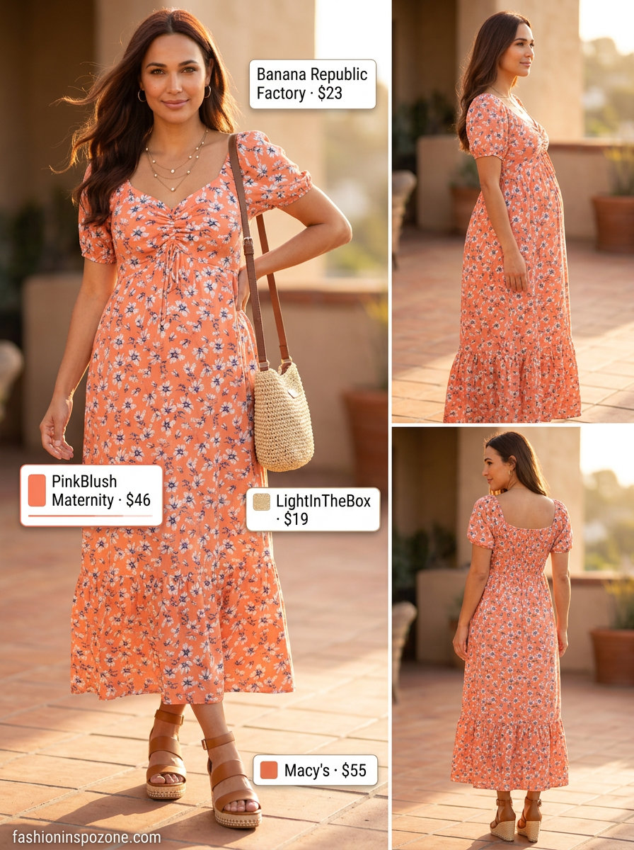Bump friendly maternity summer outfits 2026: Floral midi dress for parties.