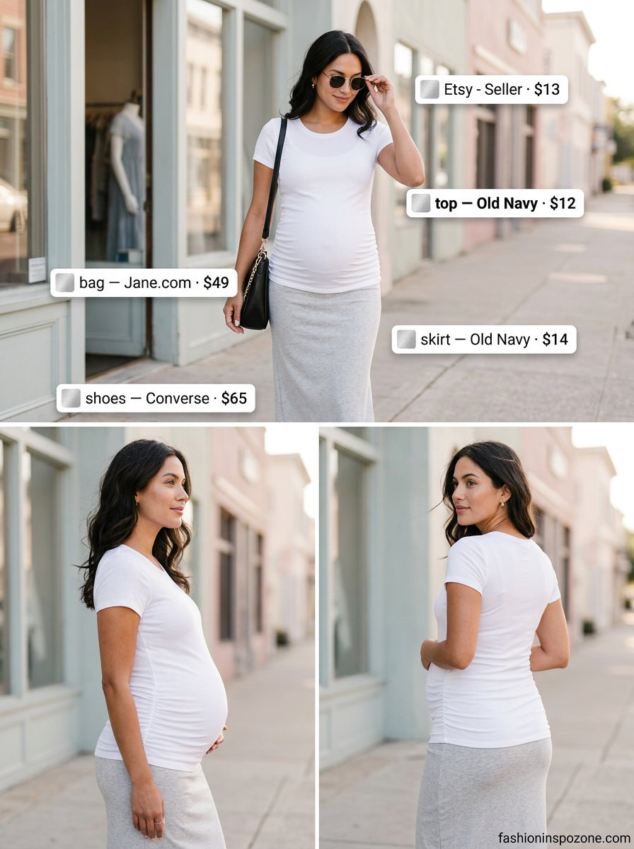 Comfortable grey maternity midi skirt for bump friendly summer outfits 2026. Great for casual day outs.