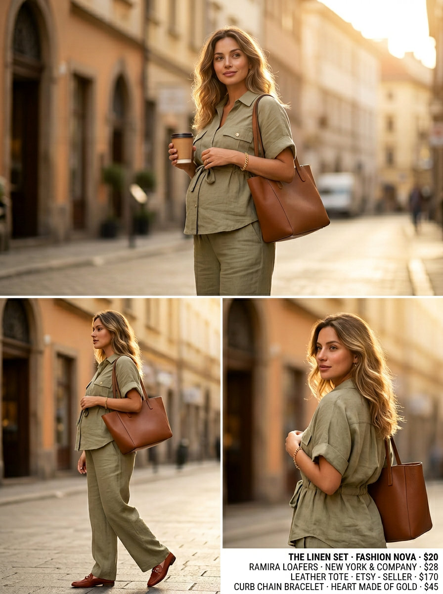 Olive green linen matching set for stylish bump friendly maternity summer outfits 2026. Ideal for office or events.