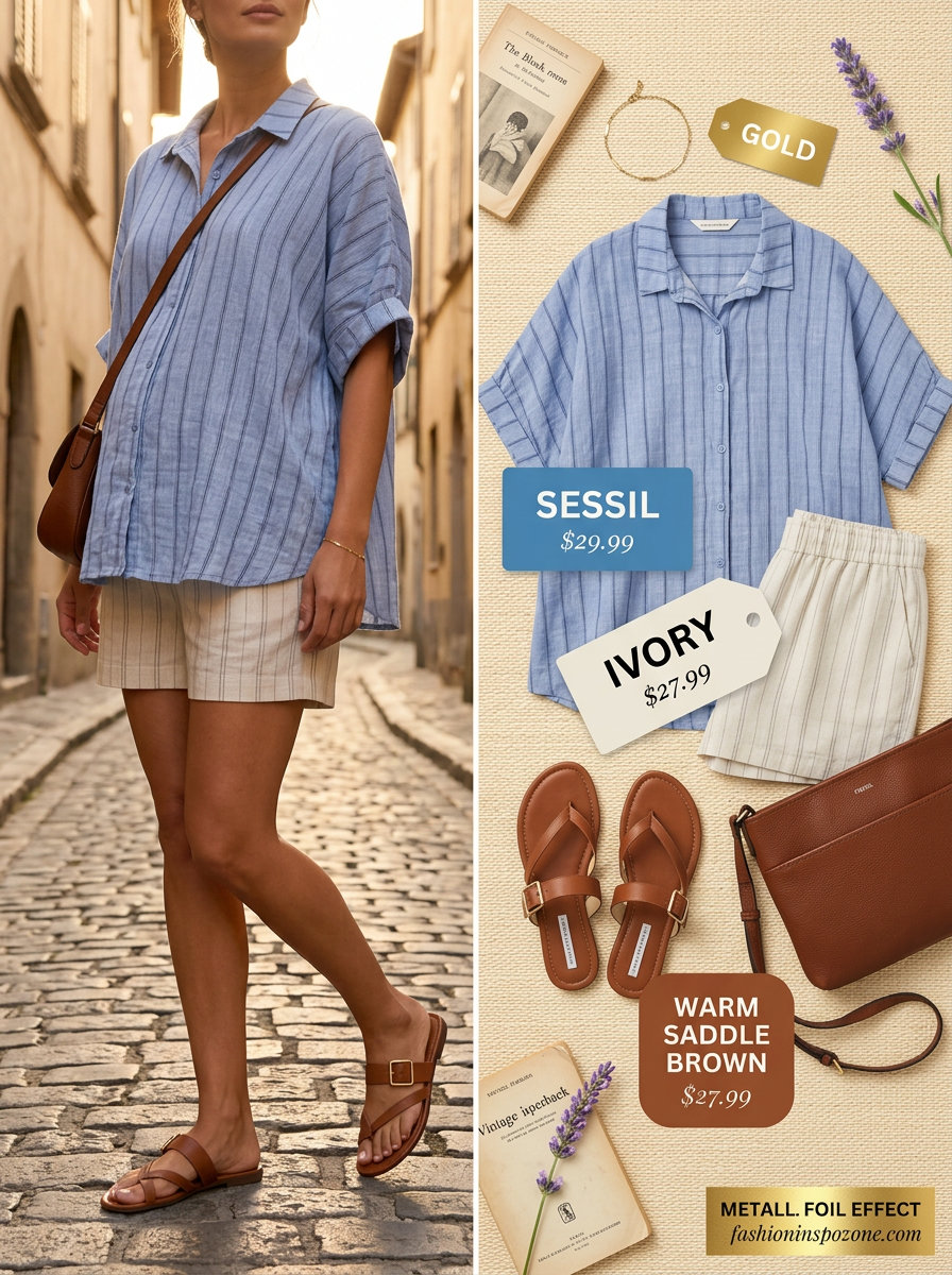 Bump friendly maternity summer outfits 2026: Linen shorts, oversized striped shirt, and leather slides for relaxed weekend.