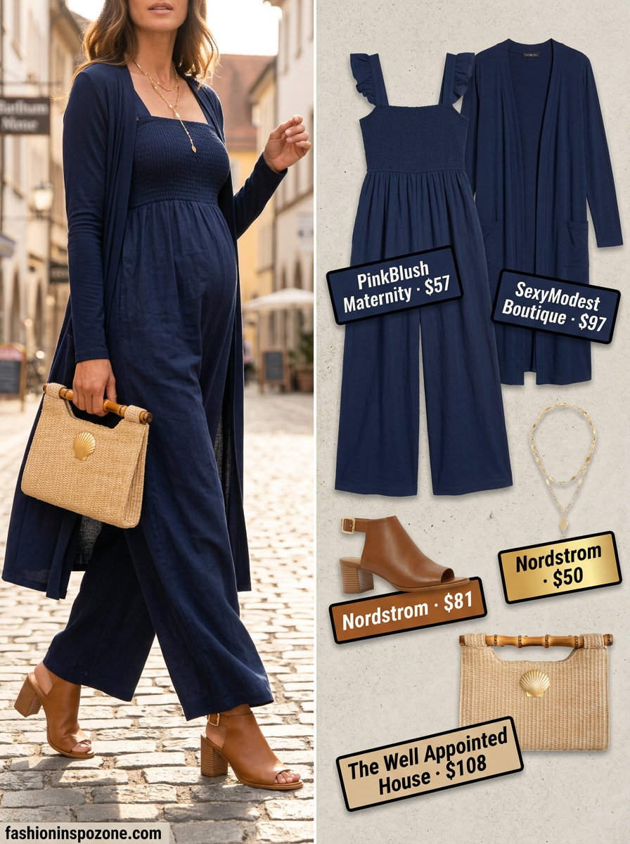 Chic navy linen maternity jumpsuit for bump friendly summer outfits 2026. Perfect for vacation or casual evenings.