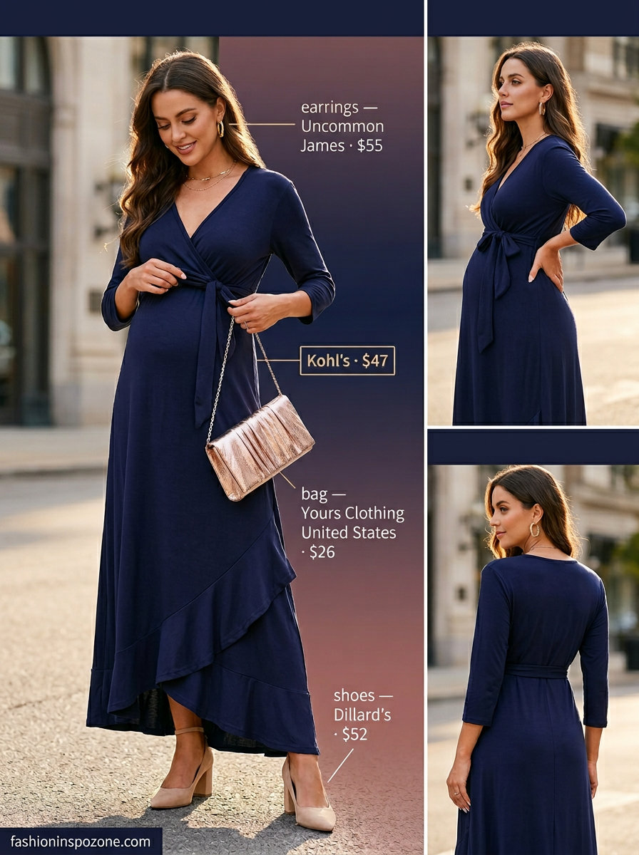 Elegant navy maternity wrap dress for bump friendly summer outfits 2026. Ideal for evening events or date nights.