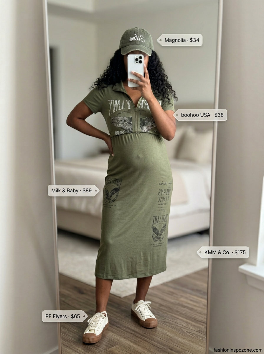 Bump friendly maternity summer outfits 2026: Olive green graphic tee & shorts set for errands.