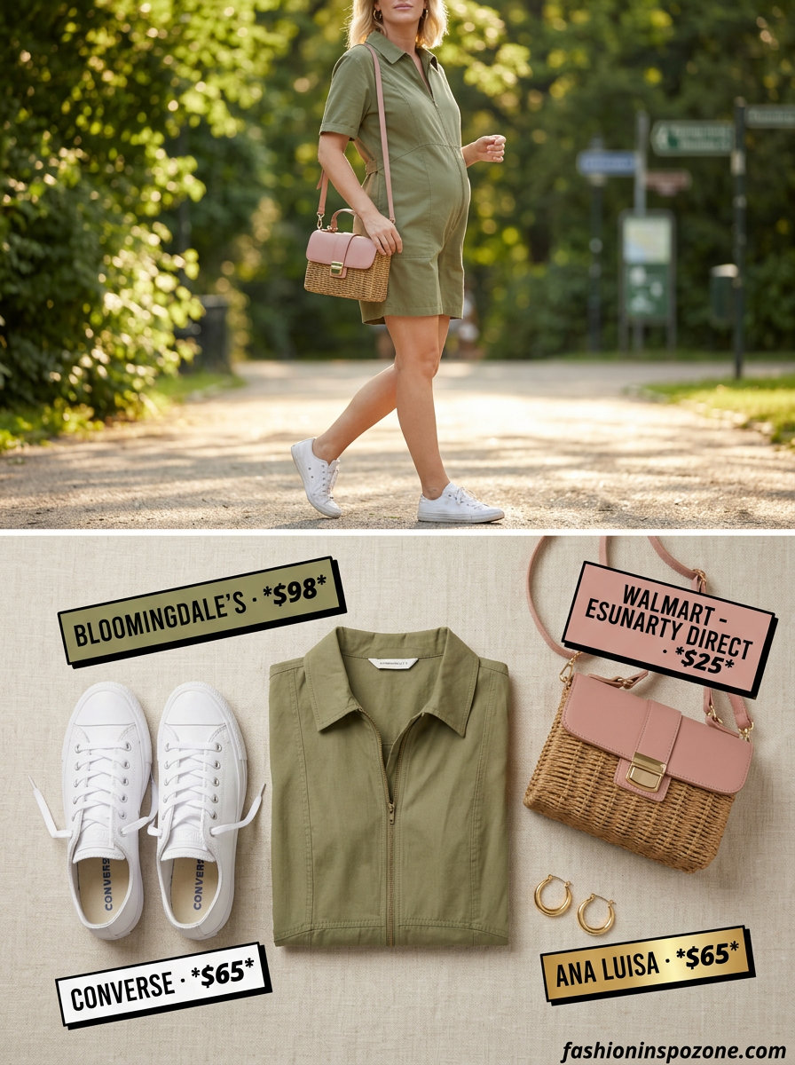 Bump friendly maternity summer outfits 2026: Olive green romper for casual days.