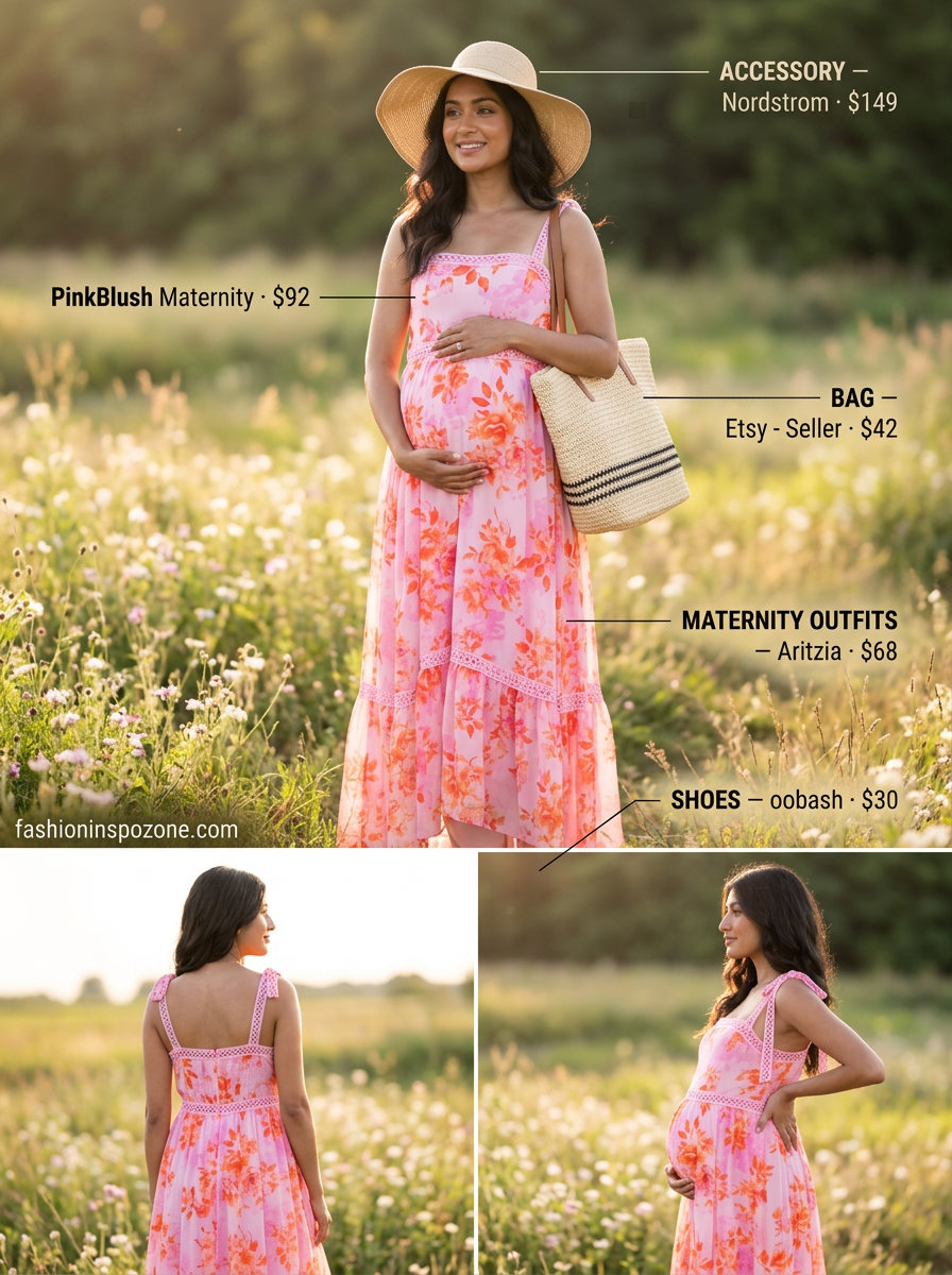 Bohemian pastel floral maternity maxi dress for bump friendly summer outfits 2026. Ideal for picnics or beach.