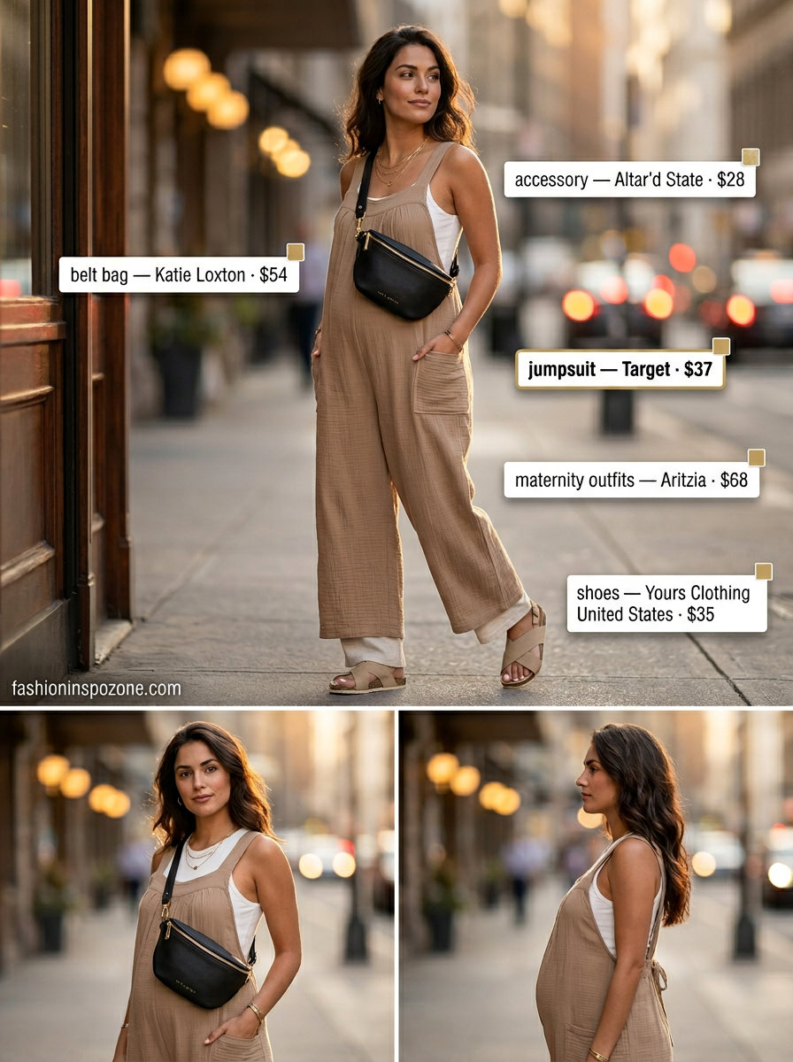 Practical khaki maternity utility jumpsuit for bump friendly summer outfits 2026. Ideal for travel or brunch.