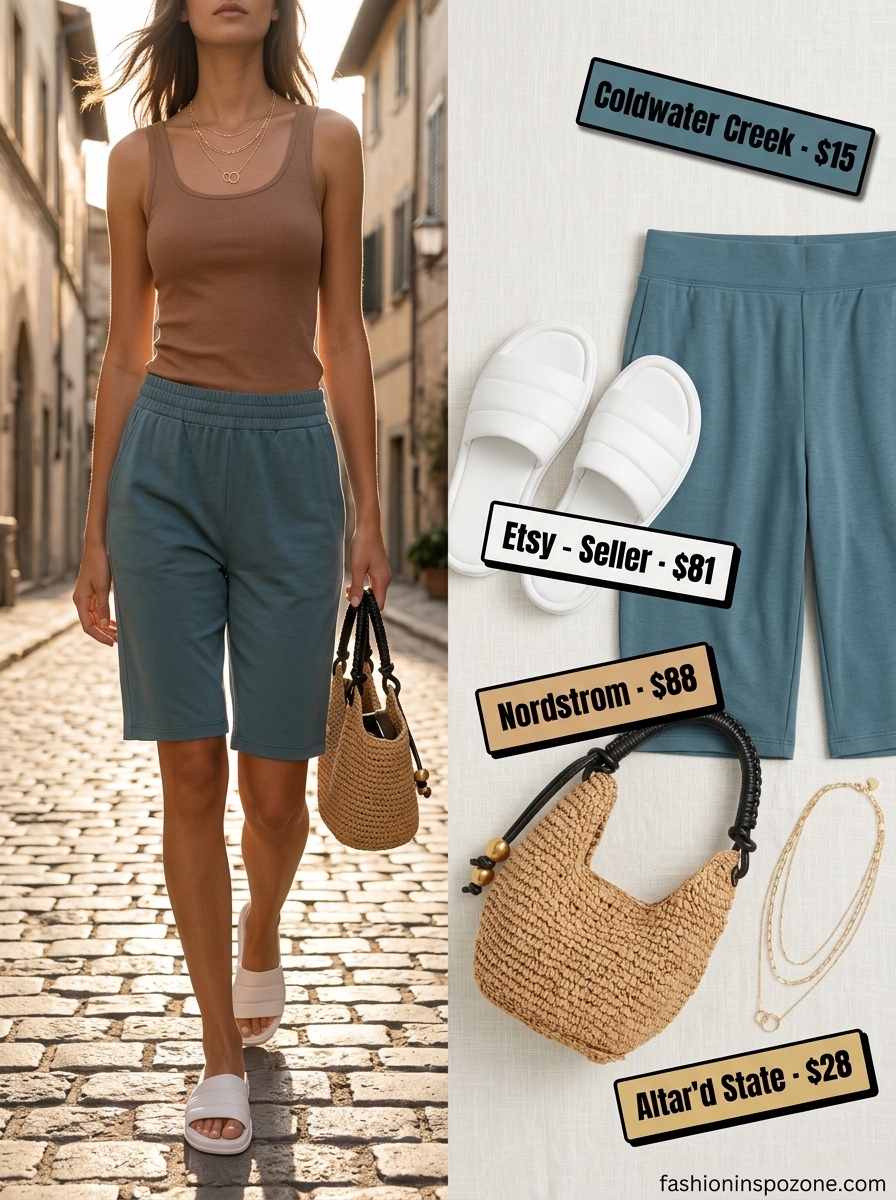 Soft blue knit shorts set with white slides and layered necklaces for casual every day summer outfits for women 2026.
