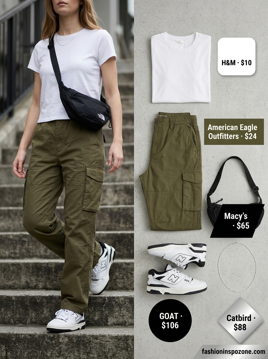 Casual every day summer outfits for women 2026: Khaki cargo pants, white tee, chunky sneakers, crossbody bag, silver necklace.