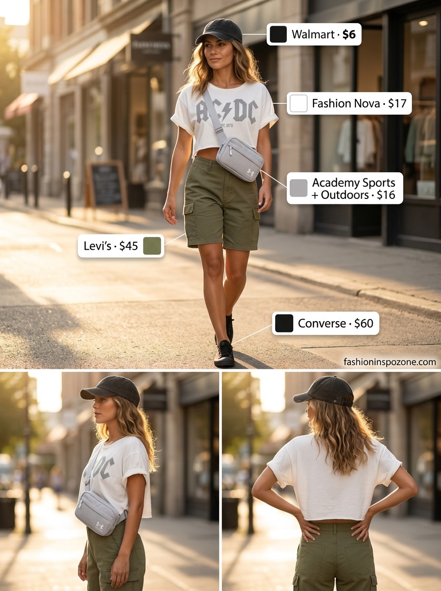 Casual every day summer outfits for women 2026: Olive cargo shorts, graphic tee, canvas sneakers, black belt bag.
