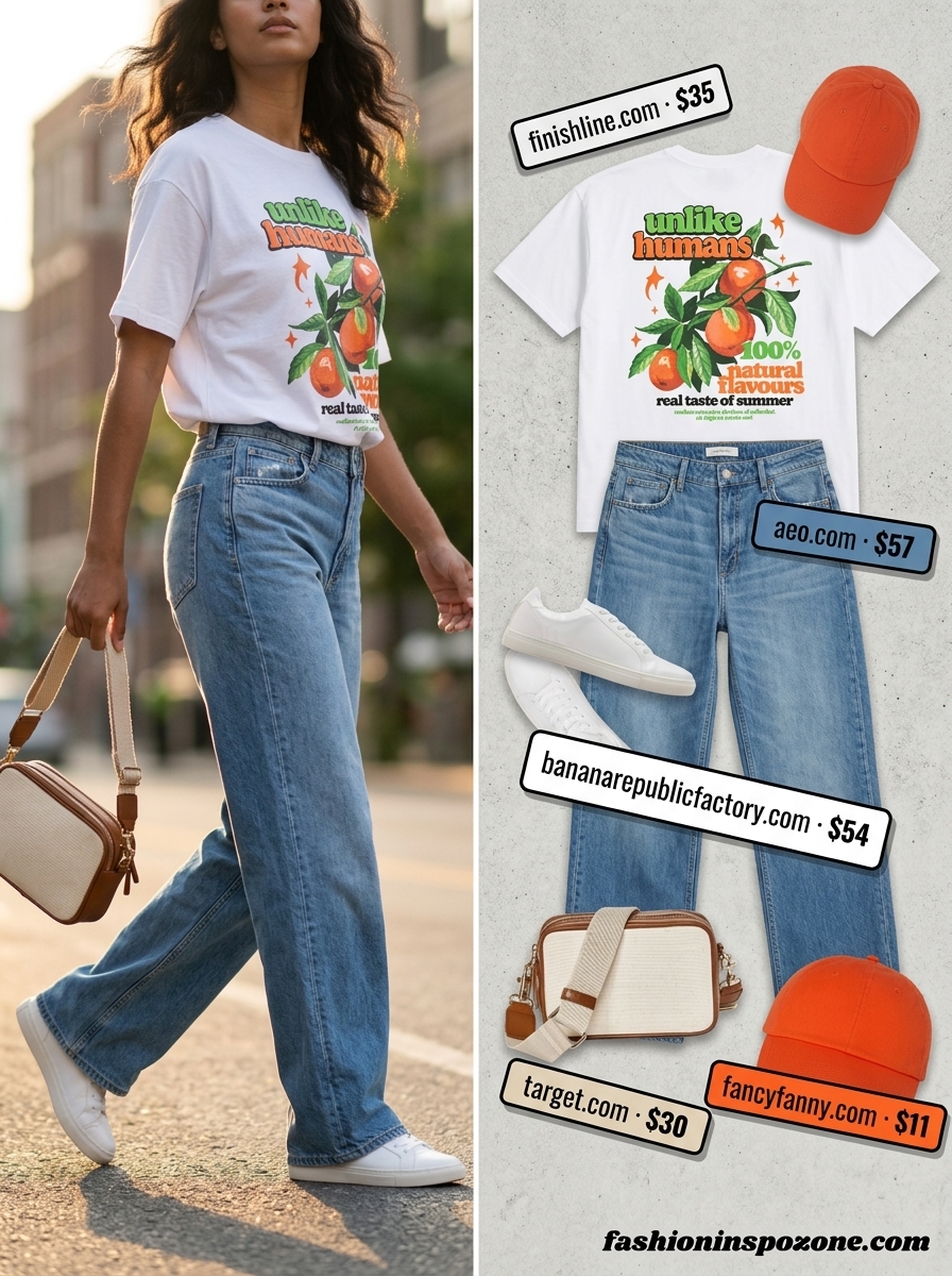 Denim blue wide-leg jeans with orange graphic tee for casual every day summer outfits for women 2026. Streetwear-inspired look.
