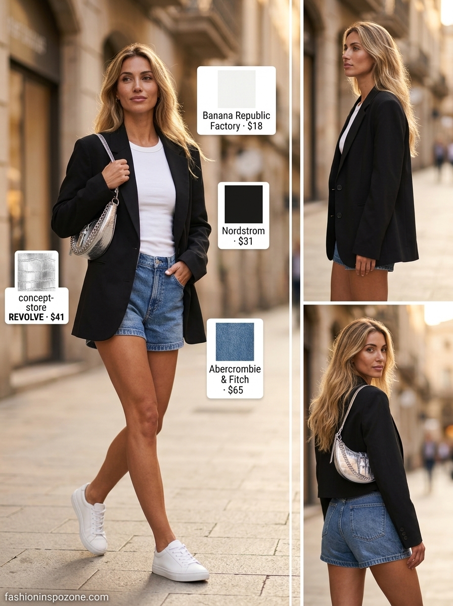 Denim shorts and black blazer with white tank and sneakers for casual every day summer outfits for women 2026.