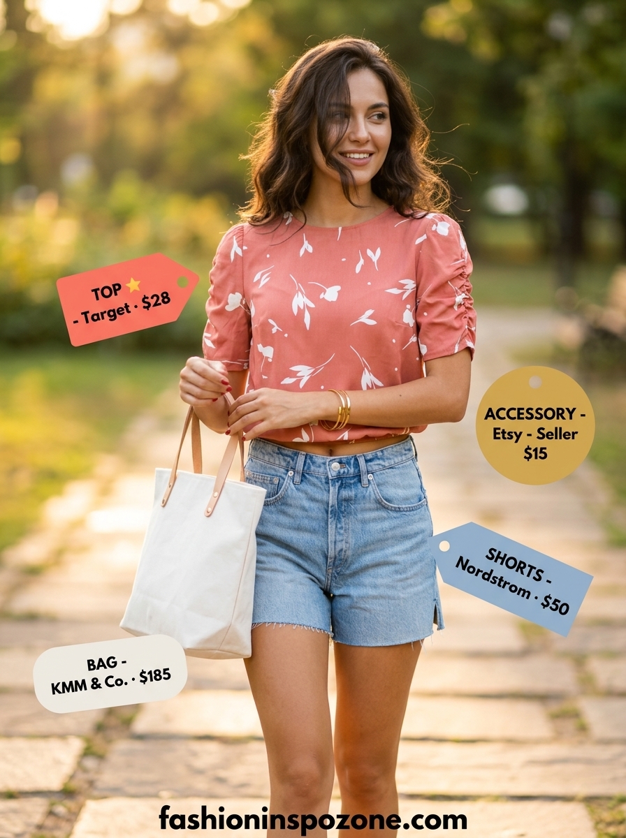 Denim blue shorts with coral print blouse for casual every day summer outfits for women 2026. Playful and relaxed weekend style.