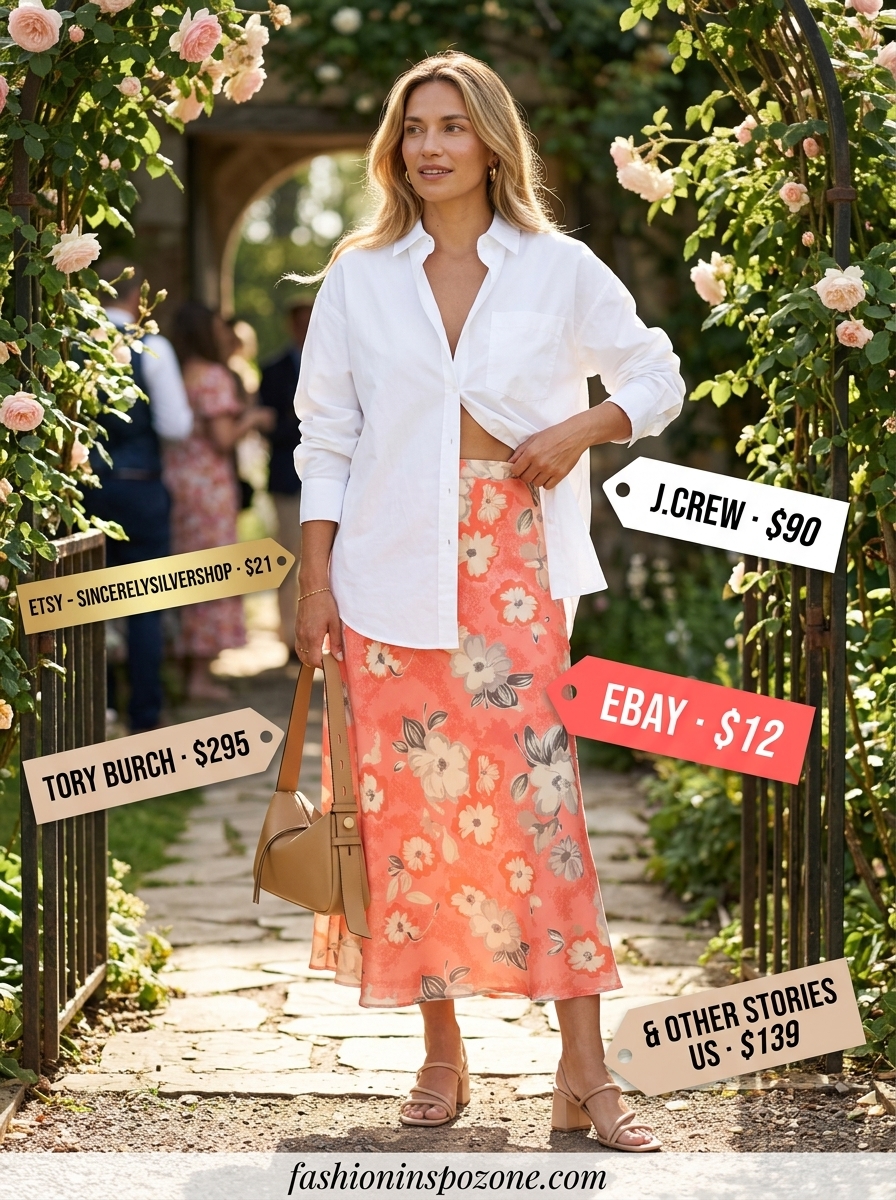 Coral floral midi skirt with white button-down and block heels for casual every day summer outfits for women 2026.