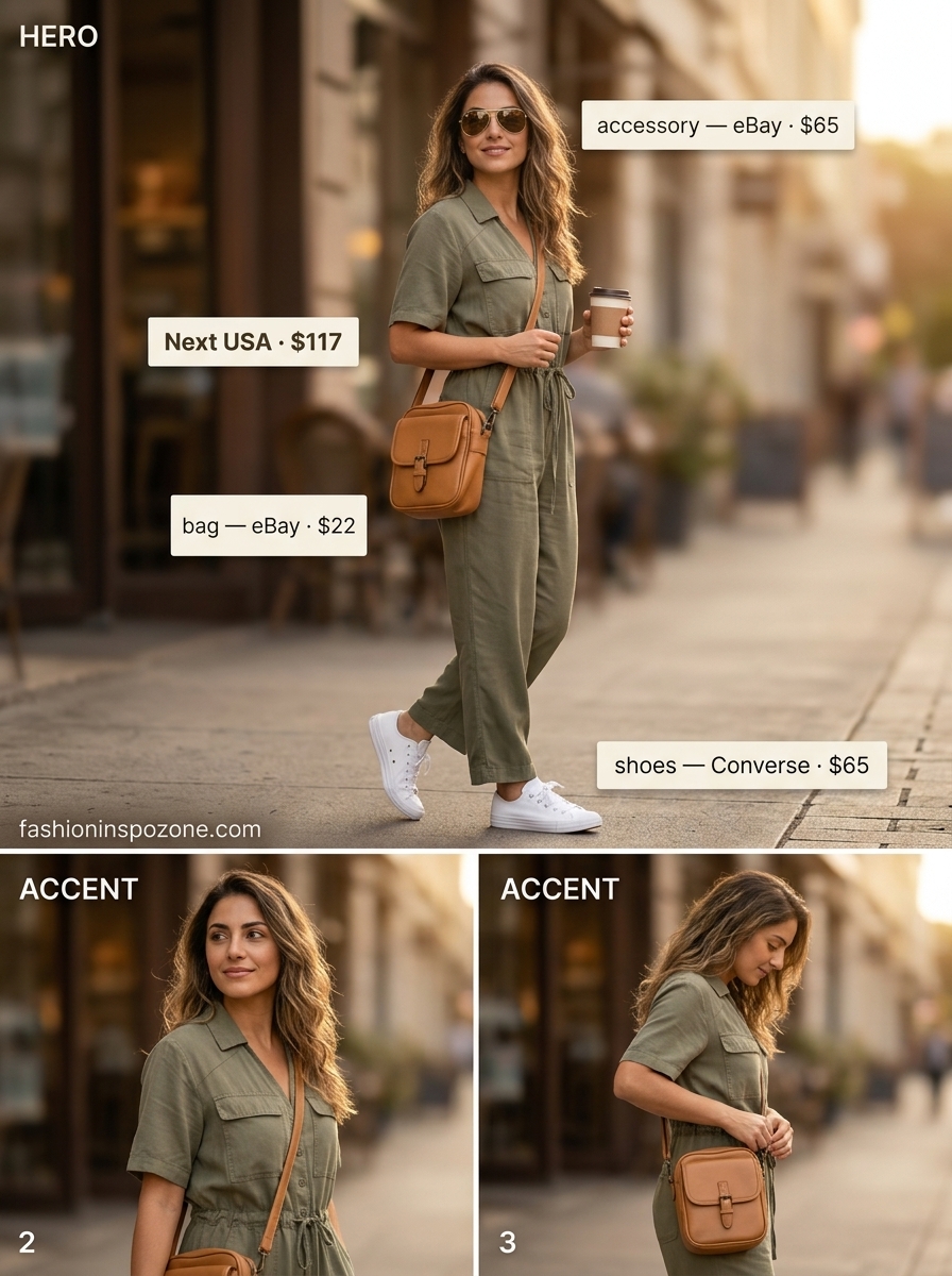 Khaki utility jumpsuit for casual every day summer outfits for women 2026. Effortless chic with white sneakers and crossbody bag.