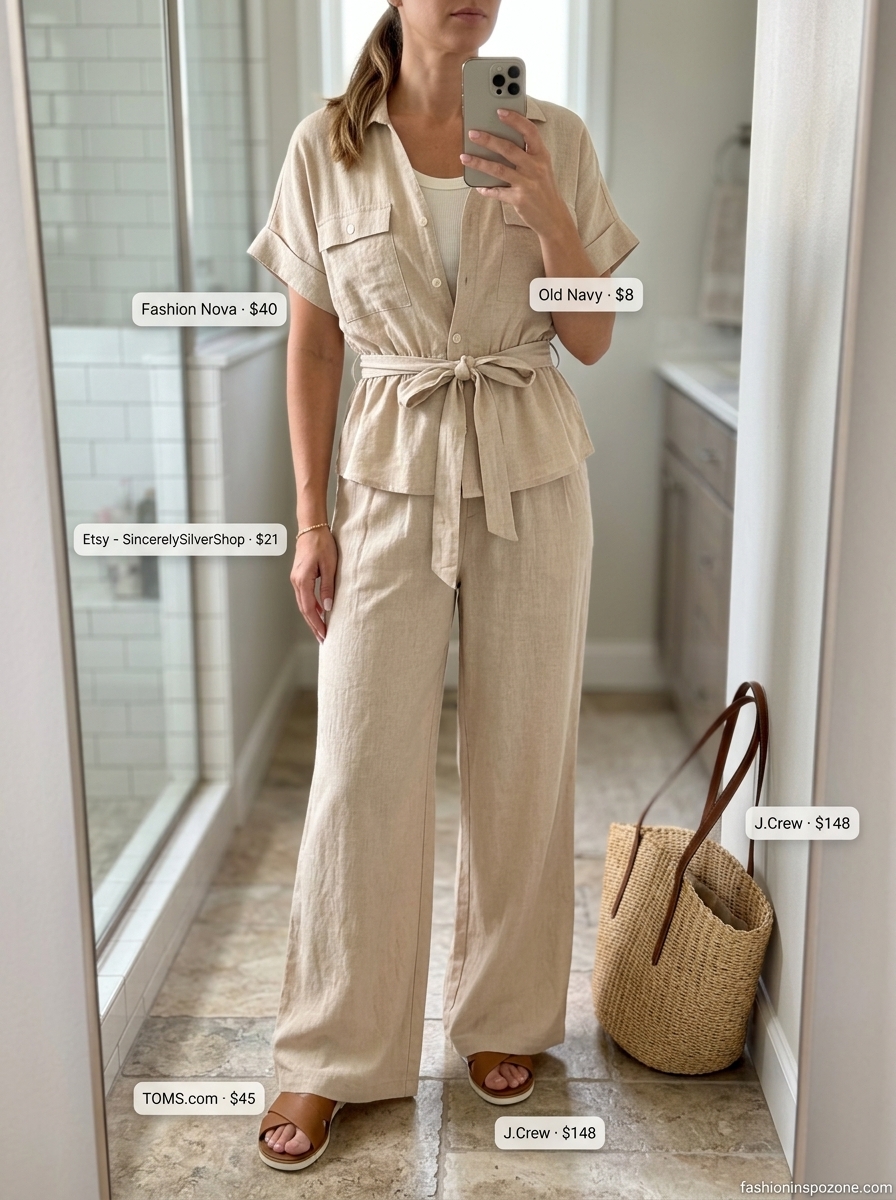 Casual every day summer outfits for women 2026: Cream linen set, ribbed tank, slide sandals, straw tote bag, gold bracelet.