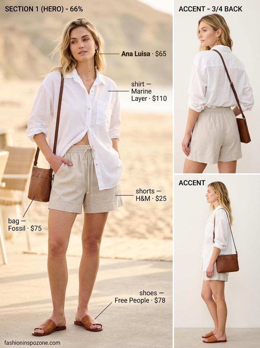 White linen shirt with beige linen shorts and leather slides for casual every day summer outfits for women 2026.
