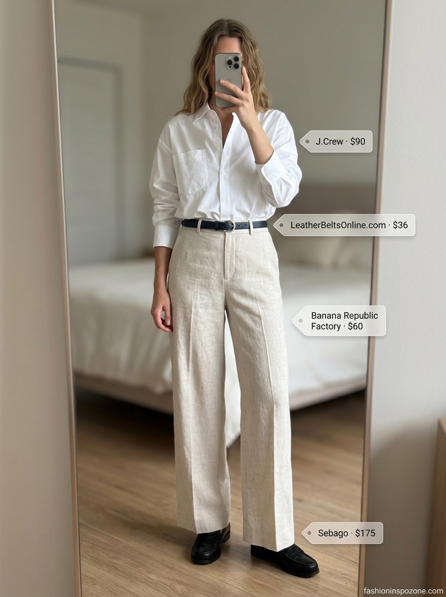 Casual every day summer outfits for women 2026: Cream linen trousers, white button-down, navy loafers, structured tote.