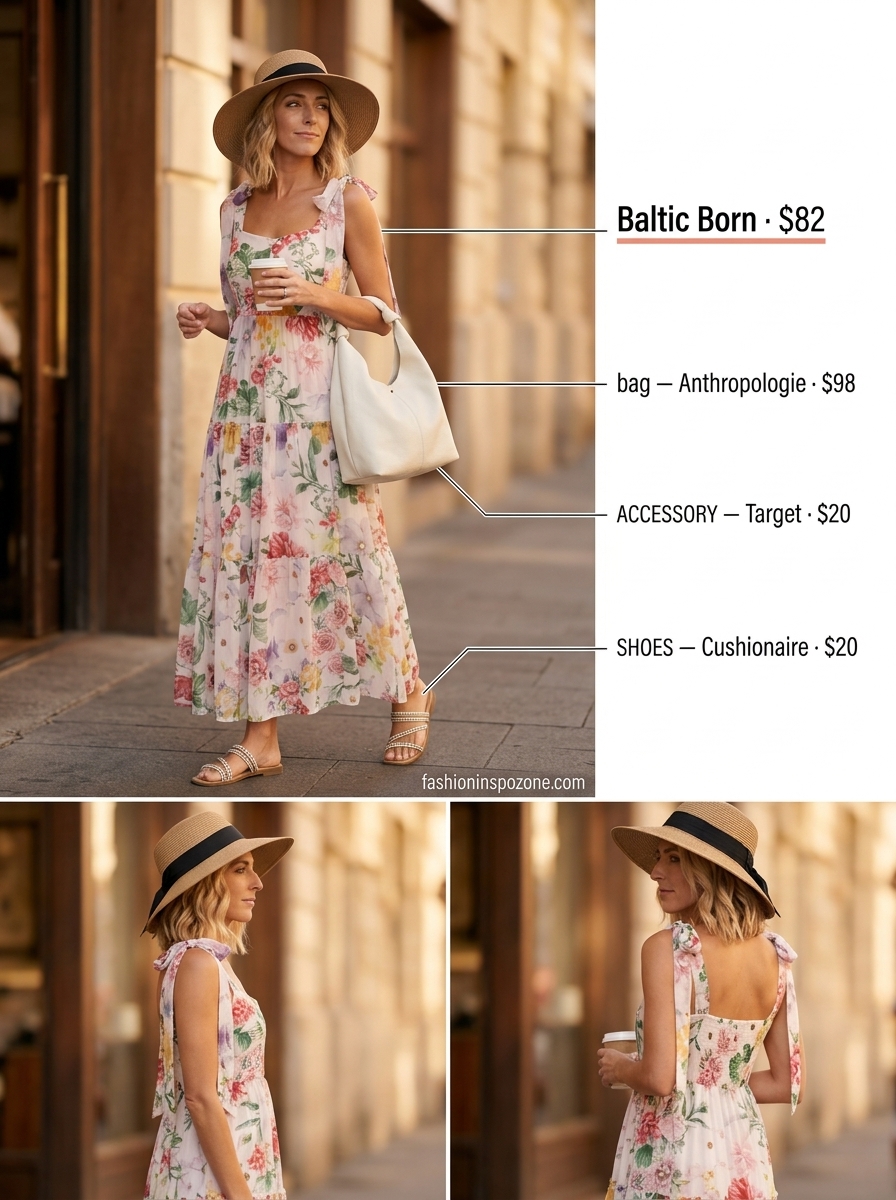 Casual every day summer outfits for women 2026: Coral floral maxi dress, straw hat, embellished sandals, slouchy hobo bag.