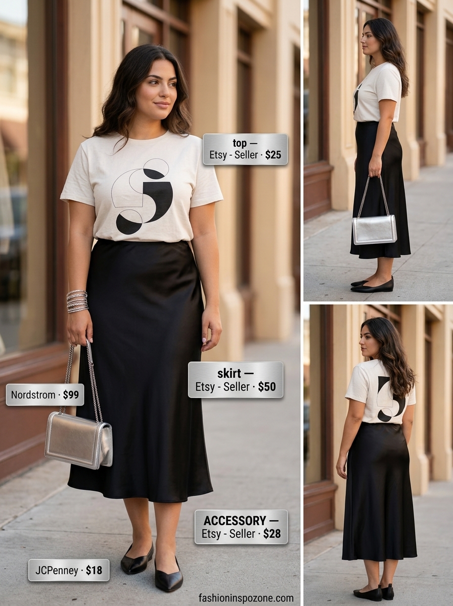 Casual every day summer outfits for women 2026: Black midi skirt, white graphic tee, pointed flats, silver shoulder bag.