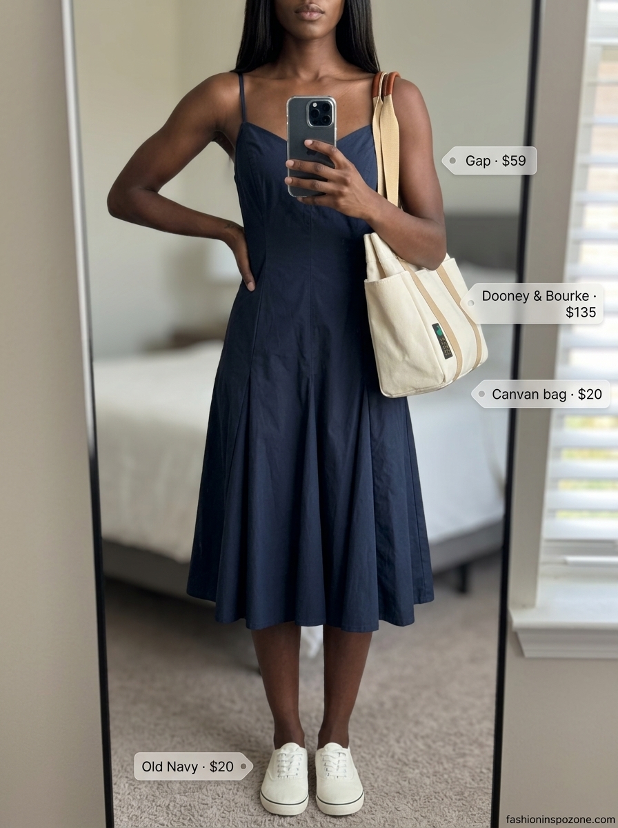 Navy blue cotton midi dress with white sneakers and canvas tote for casual every day summer outfits for women 2026.