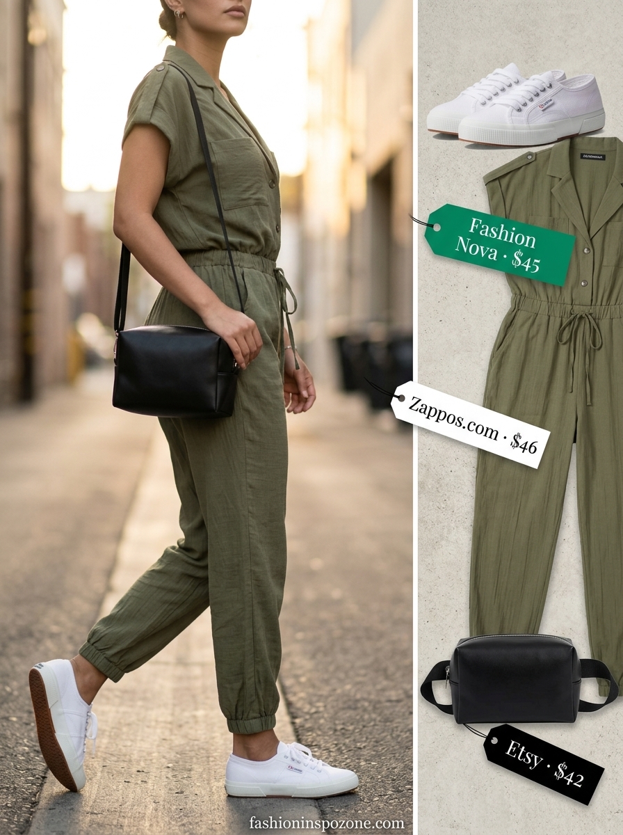 Olive green utility jumpsuit for casual every day summer outfits for women 2026. Paired with white sneakers and black crossbody bag.