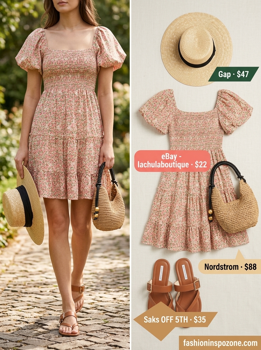 Pastel pink floral mini dress with straw hat and bag for casual every day summer outfits for women 2026.
